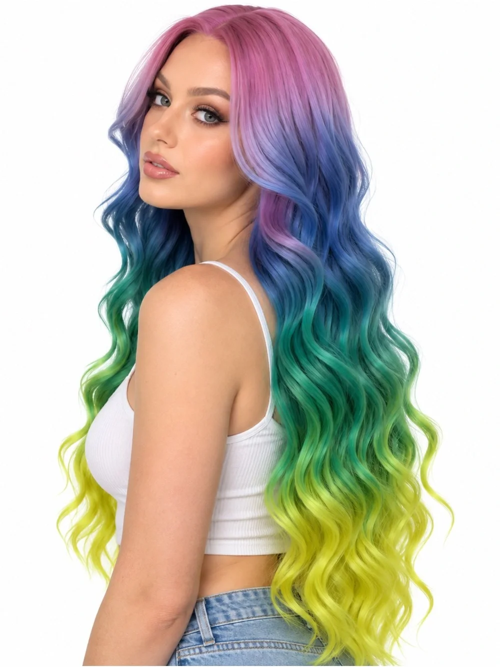 Rainbow Multicolor Ombre Long Wavy Lace Front Wig - Pink Blue Green Yellow 28in